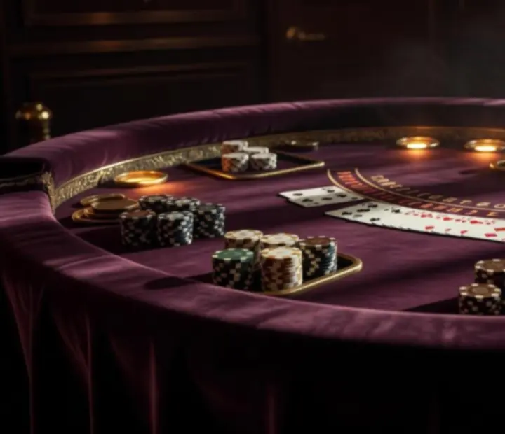 Atmosferyczny stół blackjack z żetonami, kartami i bursztynowym oświetleniem