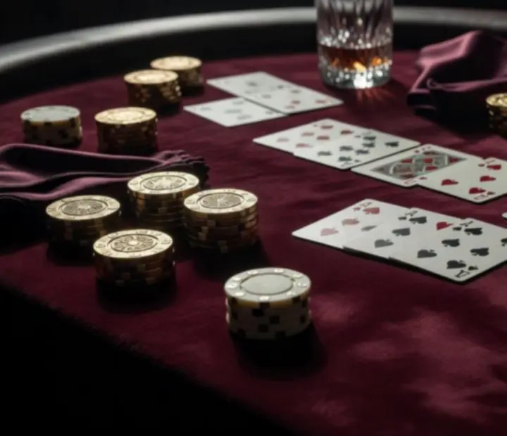 Luksusowy stół pokerowy z żetonami, kartami i złotymi detalami