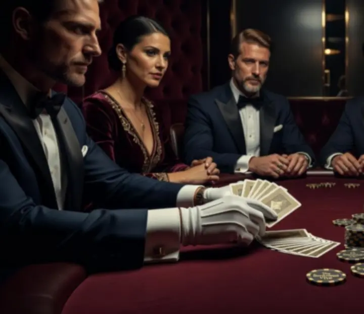 Luksusowa scena stołu pokerowego z eleganckimi gośćmi i kinowym oświetleniem