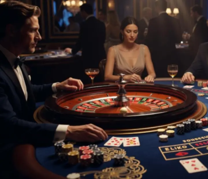 Stół ruletki i blackjacka w nastrojowej, ciemnej aranżacji