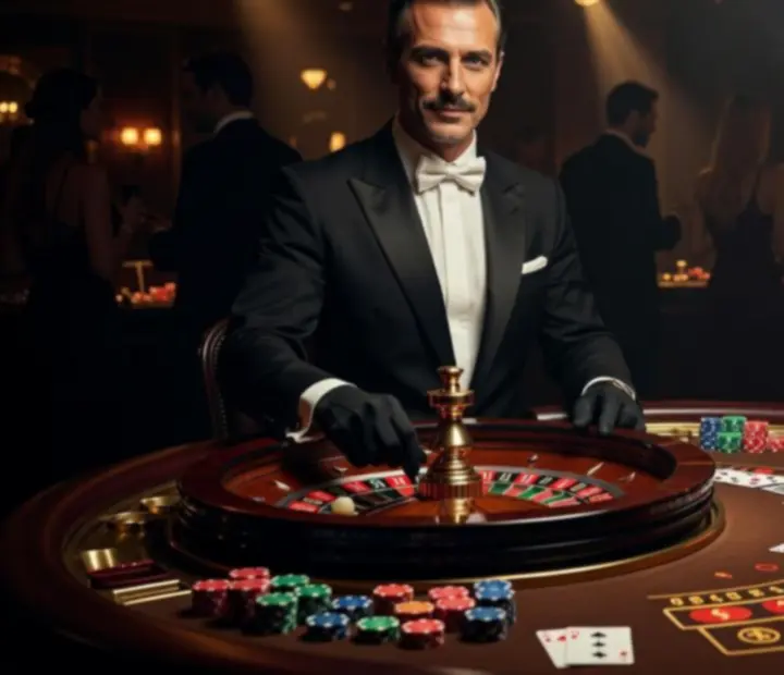 Roulette i blackjack stoły w przyciemnionej, luksusowej przestrzeni z podświetleniem i żetonami.